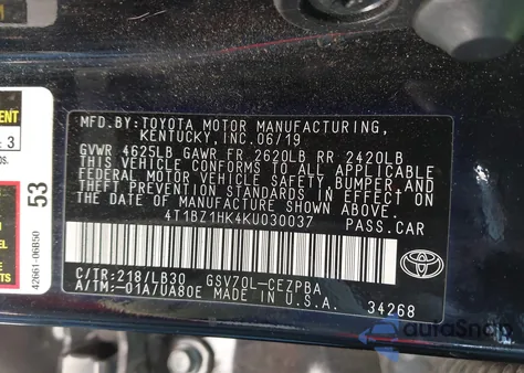 2019 Toyota Camry Xse V6 z USA, uszkodzony, nr VIN 4T1BZ1HK4KU030037